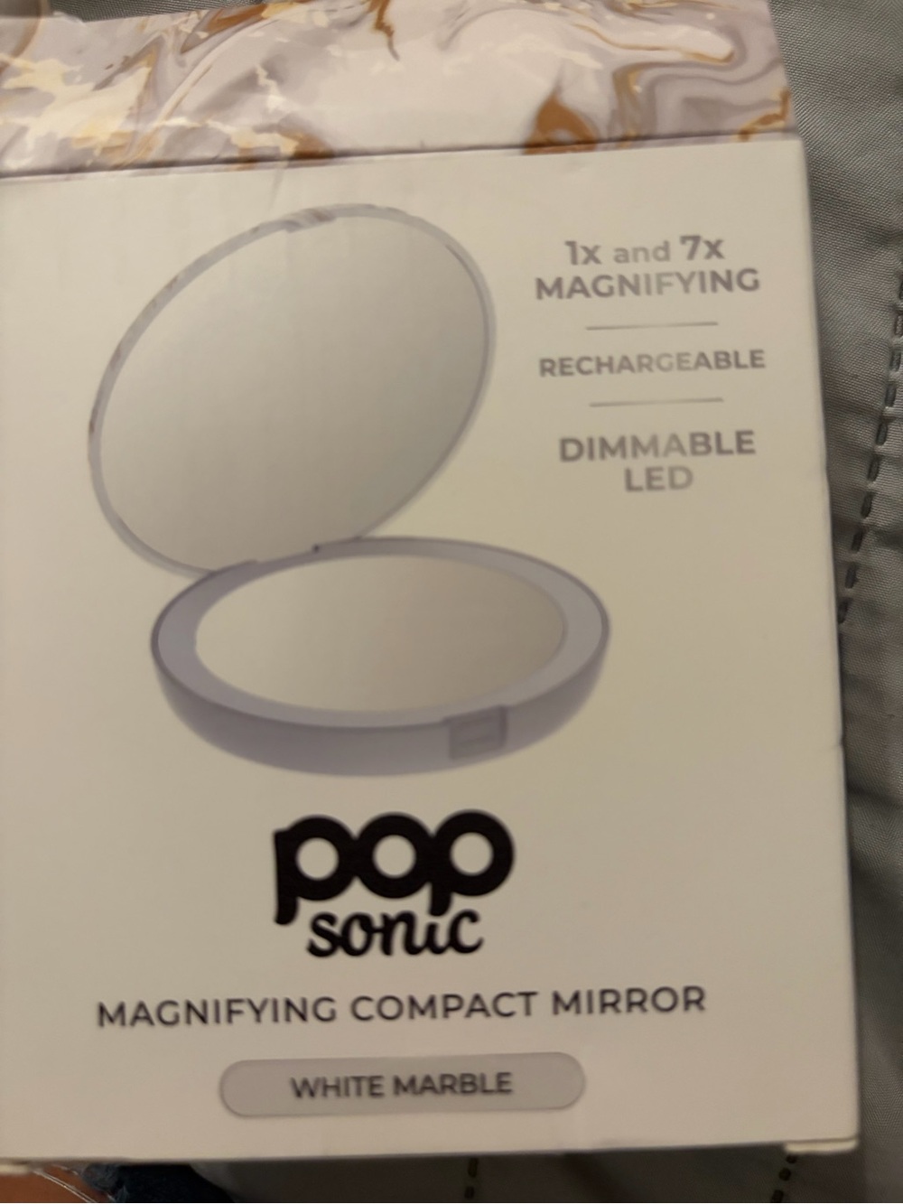 PopSonic White Marble Magnifying Compact Mirror with LED